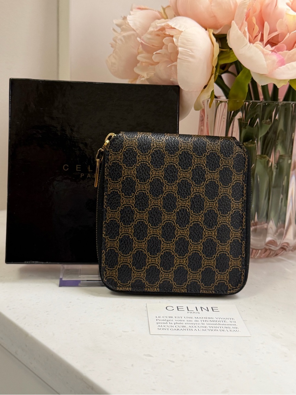 Celine Black and Gold Triomphe Zip Around Wallet Pouch 4 x 4